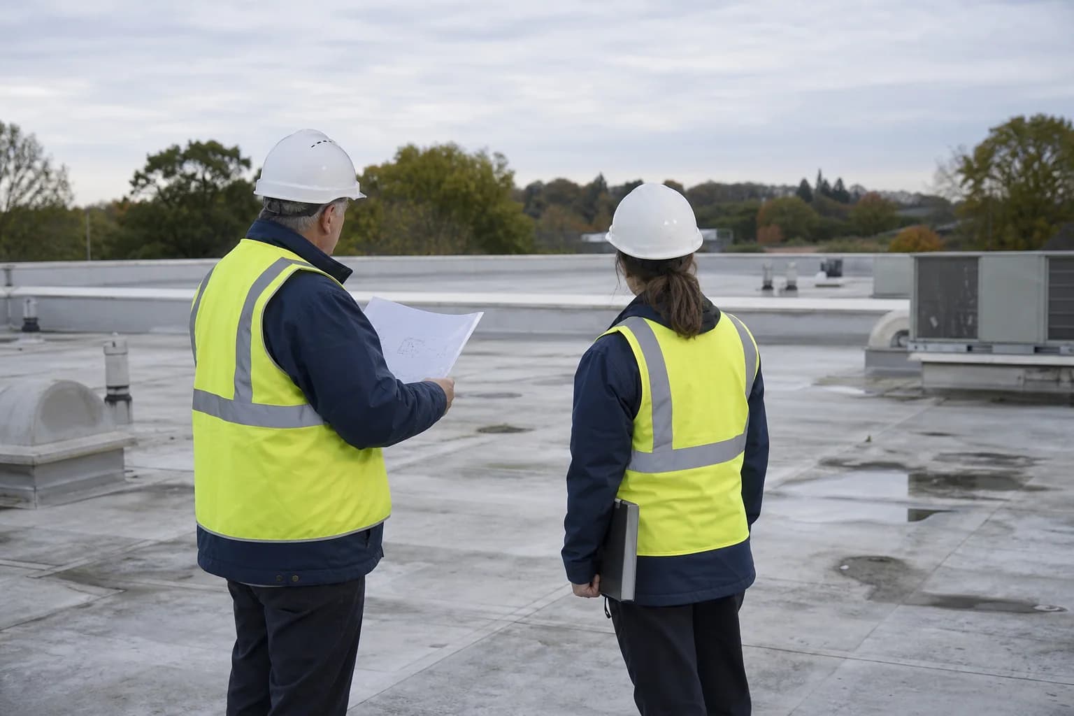 An experienced consultant and colleague studying a roof plan during a walkthrough