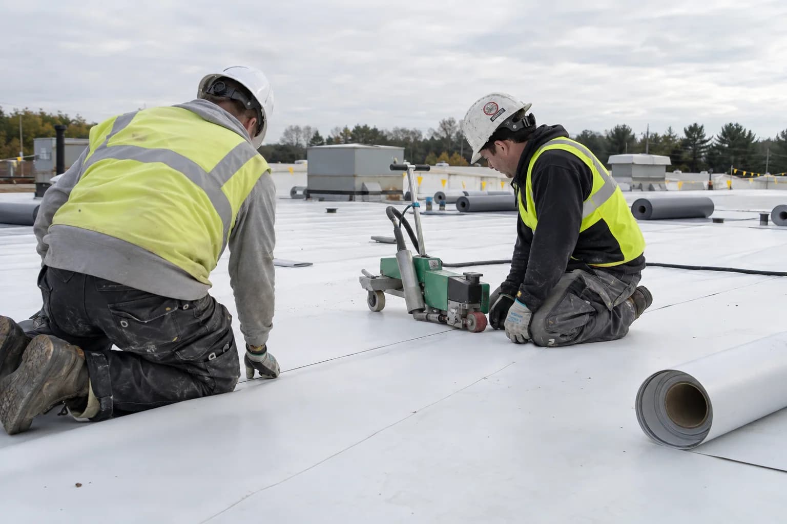 Two roofing tradespeople aligning membrane on a commercial roof