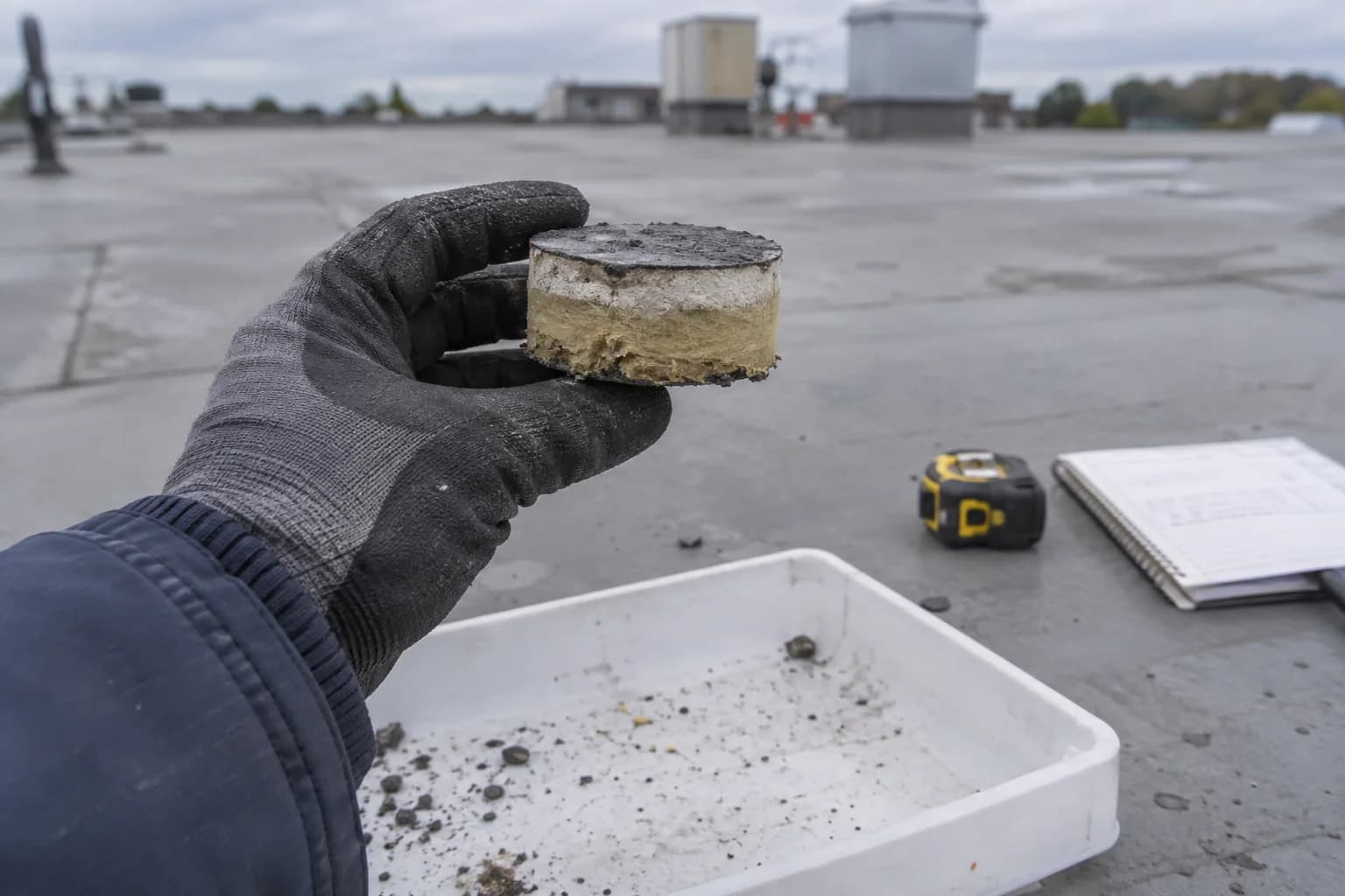 A gloved hand examining a roof core sample during an inspection