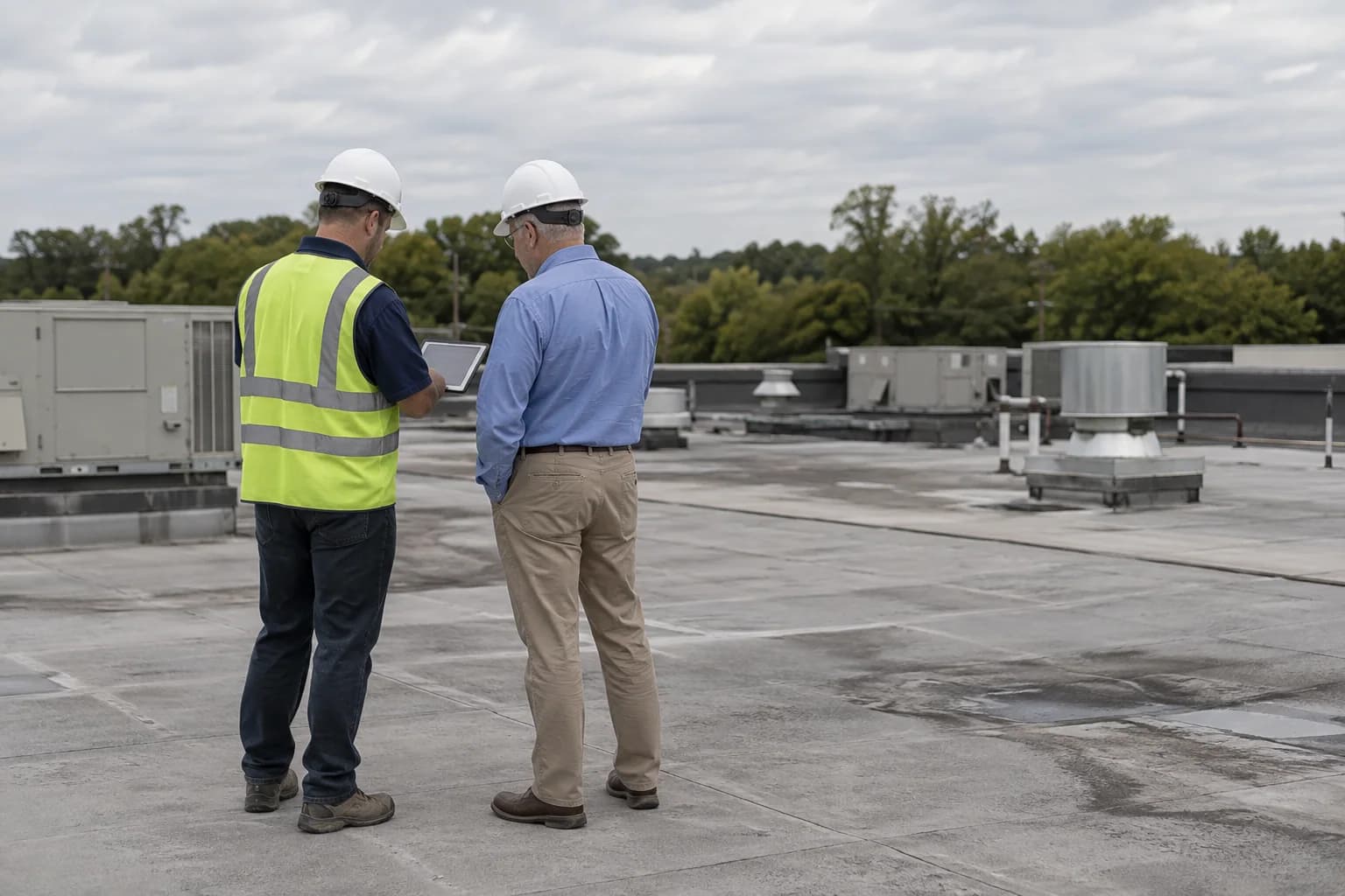 A property owner and consultant reviewing a tablet on a commercial roof